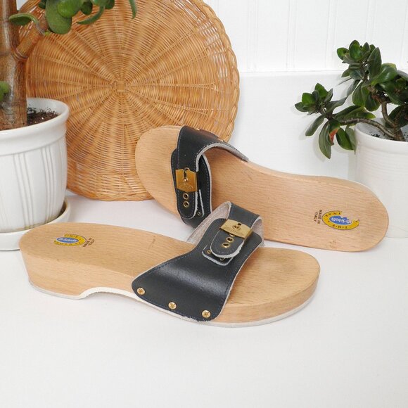 Vintage The Original Dr. Scholl's Exercise Sandals Black Wooden Sole Size 8 - Picture 3 of 9